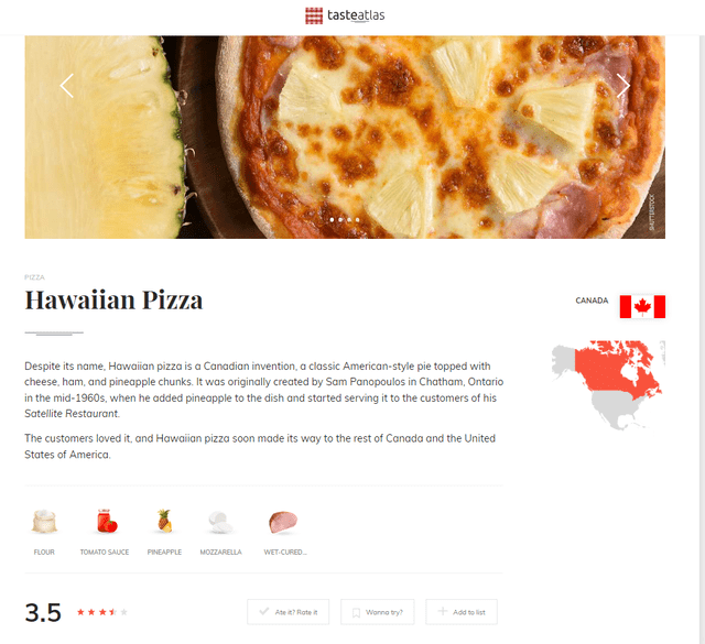  Así figura la pizza hawaiana en Taste Atlas. Foto: Taste Atlas   
