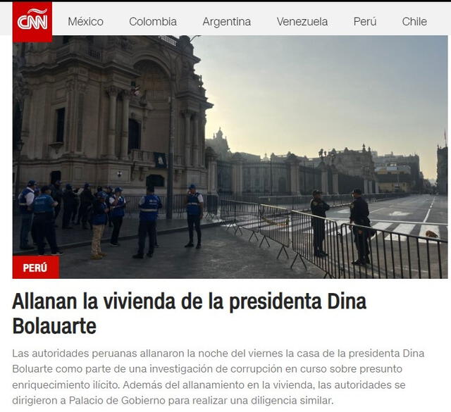 El medio estadounidense informó en su página oficial sobre el allanamiento en el hogar de Boluarte. Foto: CNN/Captura   