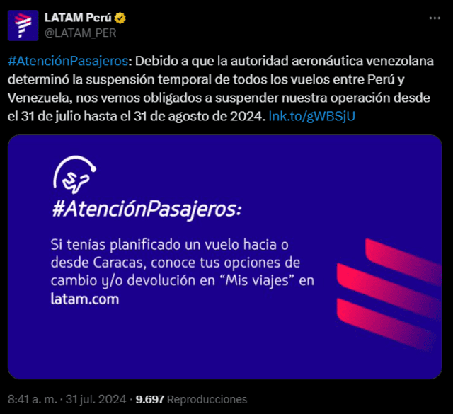 Latam Airlines anunció suspensión temporal de vuelos entre Perú y Venezuela hasta el 31 de agosto de 2024. Foto: Latam Airlines   