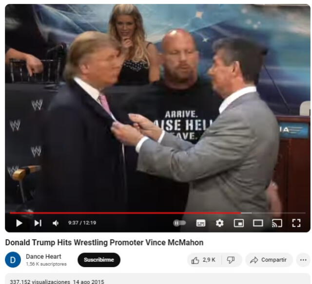  La pelea de Donald Trump y Vicen McMahon se realizó años atrás. Foto: captura en YouTube / Dance Heart.<br>   