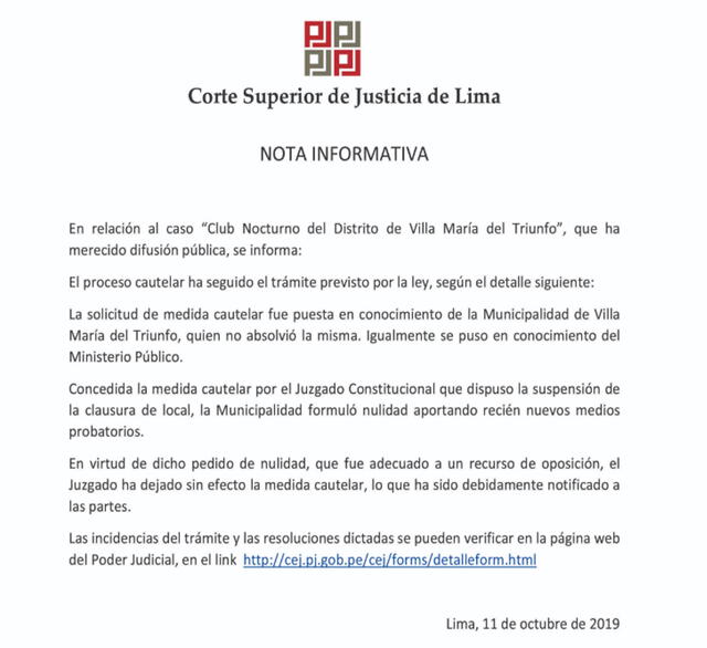 Corte Superior de Justicia emitió comunicado sobre caso "Club Nocturno del Distrito de Villa María del Triunfo".