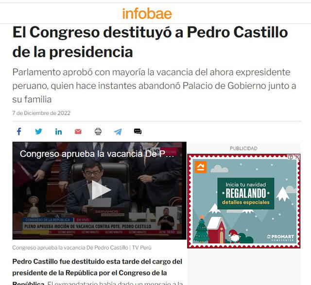 Medios internacionales informan sobre la vacancia de Castillo