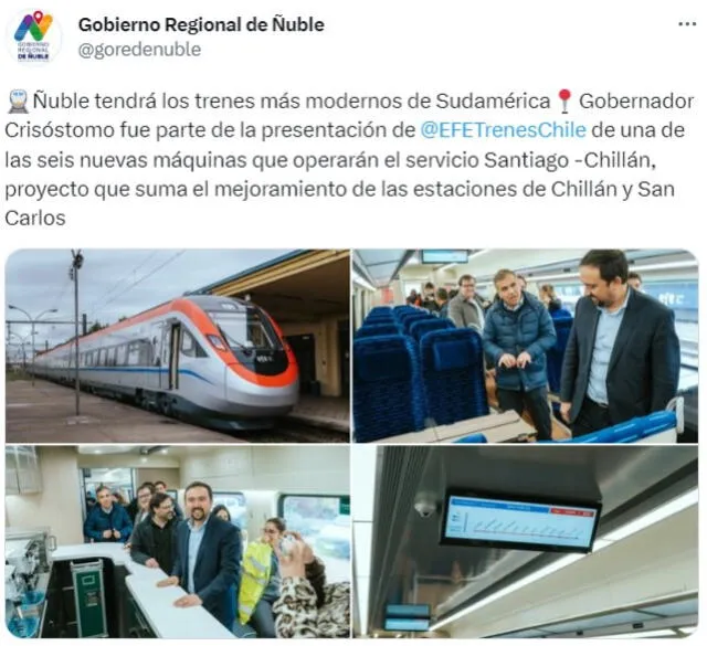 El tren fue presentado por EFE en su ruta Santiago - Chillán. Foto: Gorednuble/ Twitter   