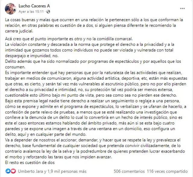  Lucho Cáceres se pronuncia contra los ampays expuestos en el programa de la popular 'Urraca'. FOTO: Captura Facebook / Lucho Cáceres   