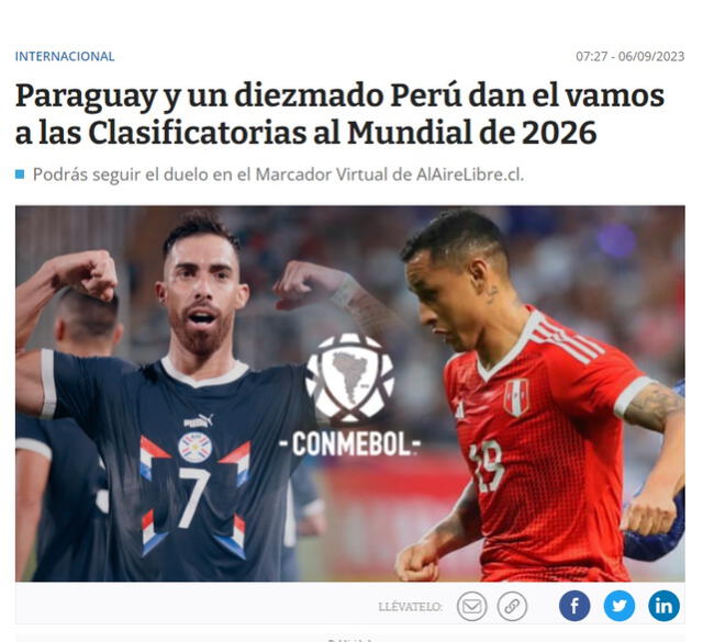 La publicación de la prensa chilena sobre la selección peruana a horas del debut en las Eliminatorias 2026. Foto: captura web Al aire libre. La publicación de la prensa chilena sobre la selección peruana a horas del debut en las Eliminatorias 2026. Foto: captura web Al aire libre.