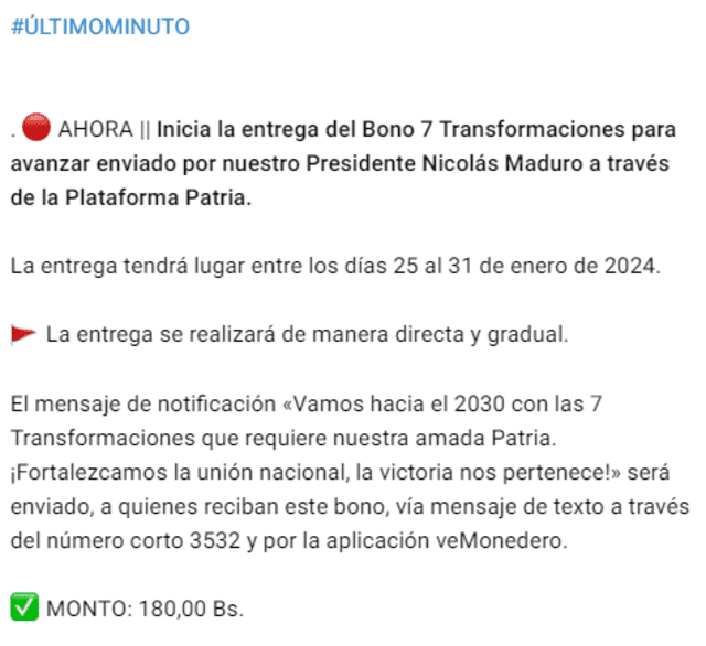 El Bono 7T para Avanzar se entregará del 25 al 31 de enero. Foto: Canal Patria Digital/Telegram   