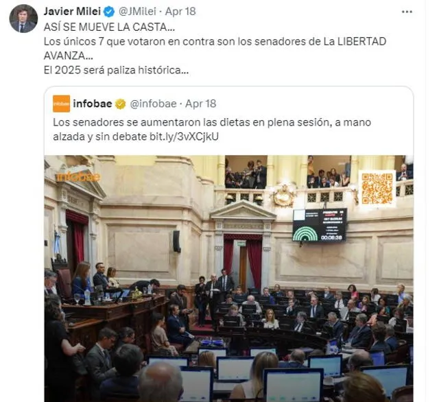 Las autoridades nacionales expresaron su satisfacción con la aprobación de los embajadores en el Senado y consideraron que el aumento de sueldo puso en evidencia a la oposición. Foto: @JMilei/X 