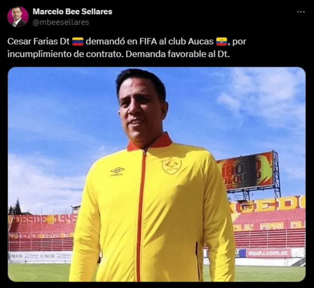  Tuit sobre la demanda de César Farías contra Aucas. Foto: captura de X/Marcelo Bee Sellares   