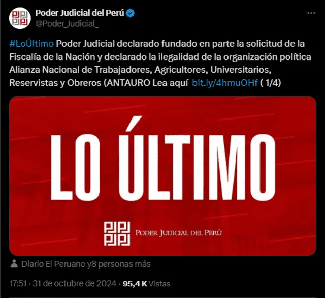 Poder Judicial declaró fundado pedido de ilegalidad del partido al que pertenecía Antauro Humala.   