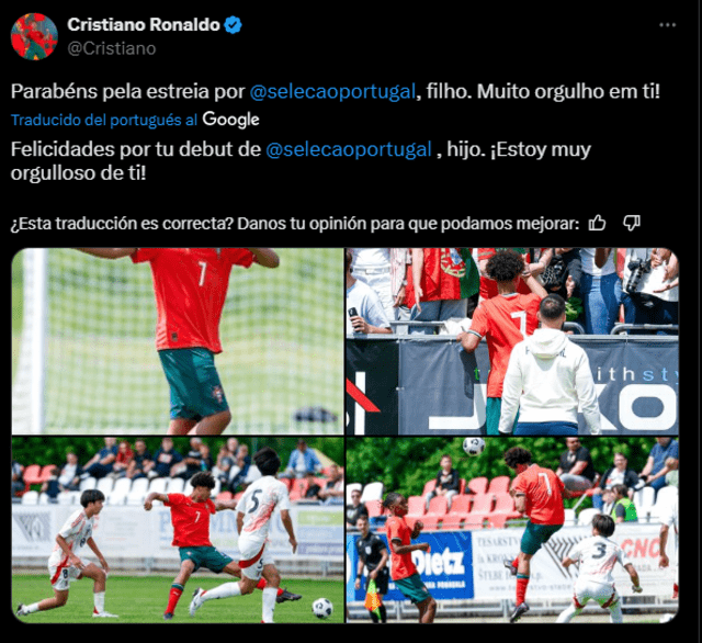 Cristiano Ronaldo le dedicó una publicación a su menor hijo. Foto: captura de pantalla de X Cristiano Ronaldo le dedicó una publicación a su menor hijo. Foto: captura de pantalla de X