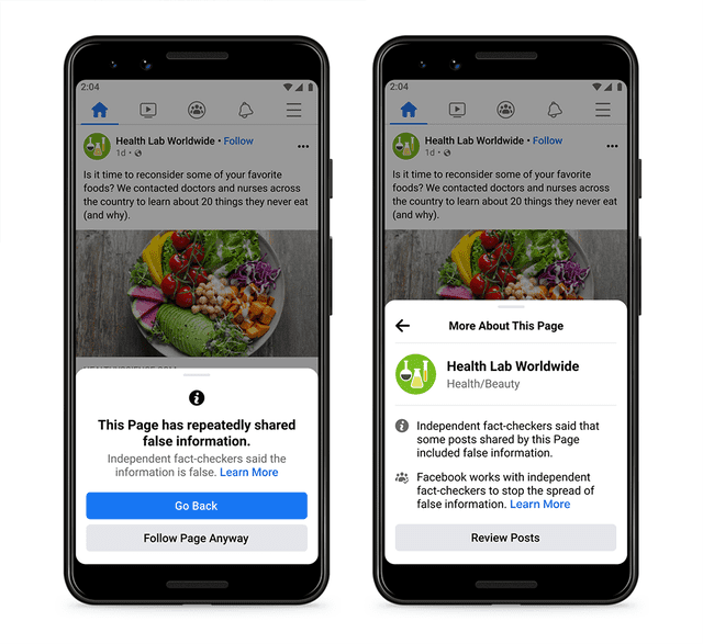 Nueva advertencia en páginas que compartan información falsa. Foto: Facebook