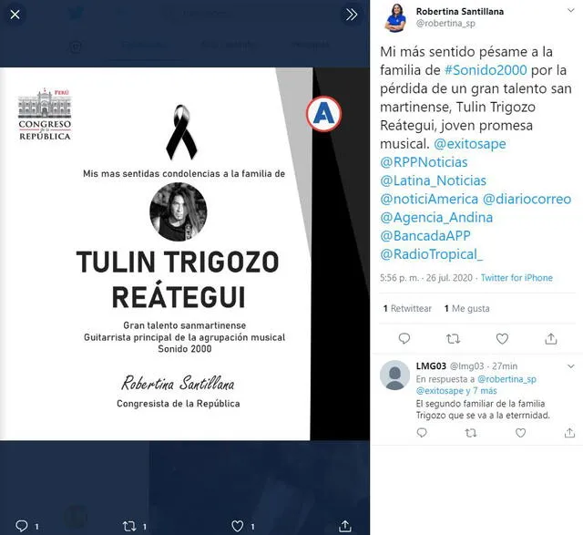 Se confirma muerte de Tulin Trigozo. Foto: captura Twitter