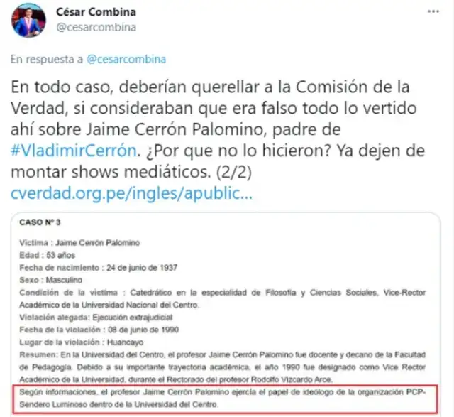 Tuit del congresista de APP. Foto: Twitter/César Combina