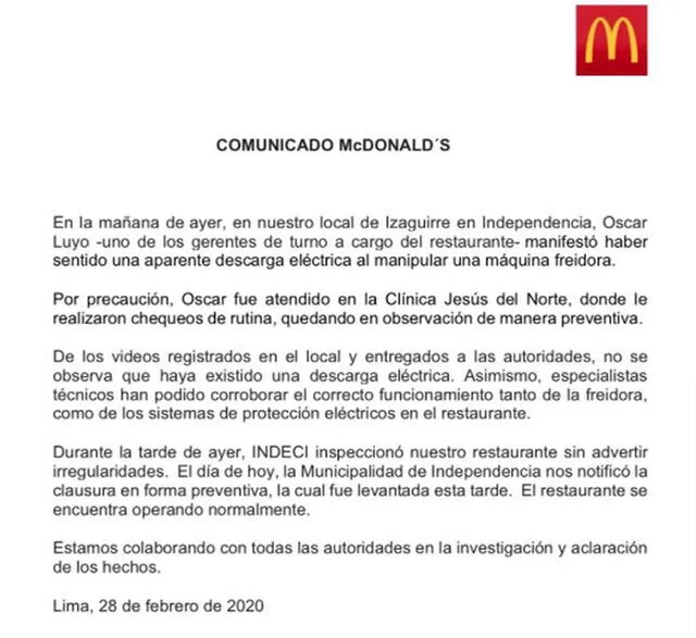 McDonald's: comunicado