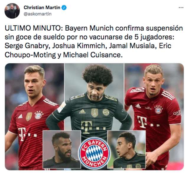 Christian Martin anuncia sanciones a los jugadores del Bayern Múnich que no están vacunados. Fotos: captura Twitter Christian Martin