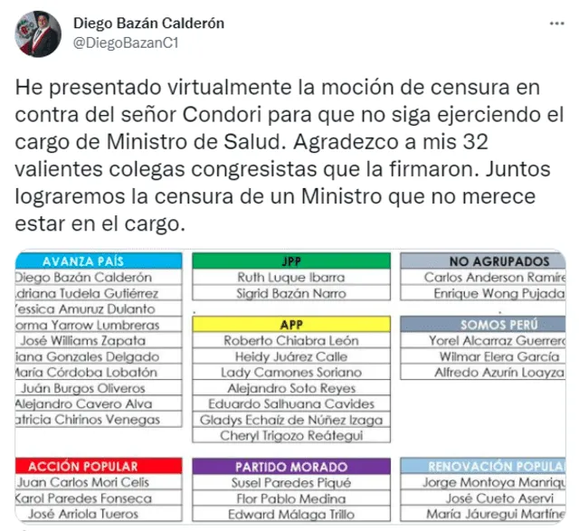 Tuit del congresista Diego Bazán. Foto: captura de Twitter