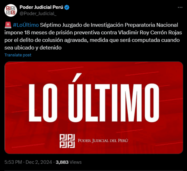 Tweet del Poder Judicial tras dictarse prisión preventiva contra Vladimir Cerrón.   