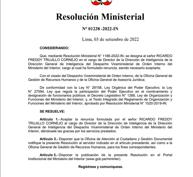 El Gobierno aceptó la renuncia de Freddy Trujillo Cornejo