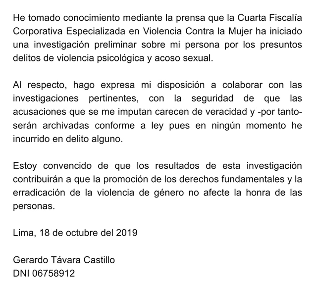 Gerardo Távara se pronuncia tras investigación iniciada por Fiscalía. Foto: Difusión