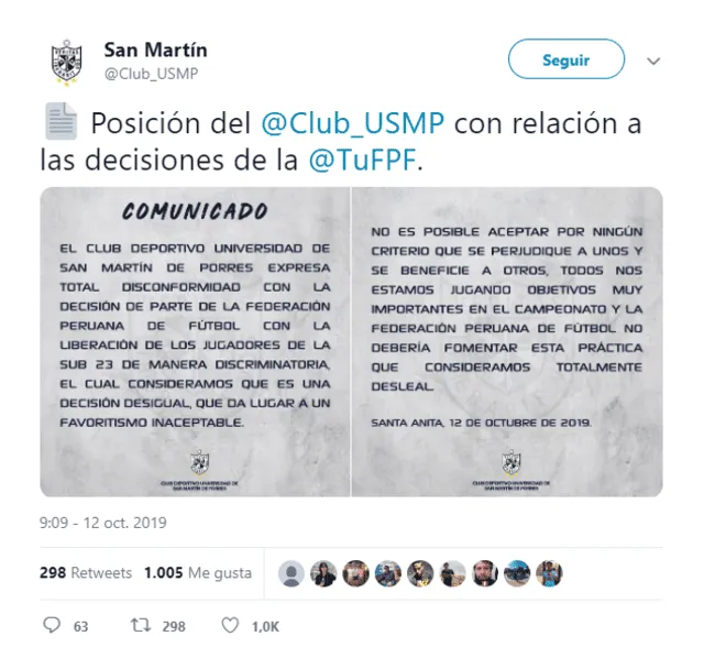 Comunicado de la Universidad San Martín.