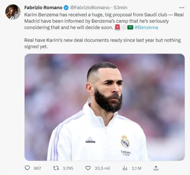  Karim Benzema tiene una propuesta enorme desde el fútbol de Arabia Saudita. Foto: captura Twitter Fabrizio Romano   