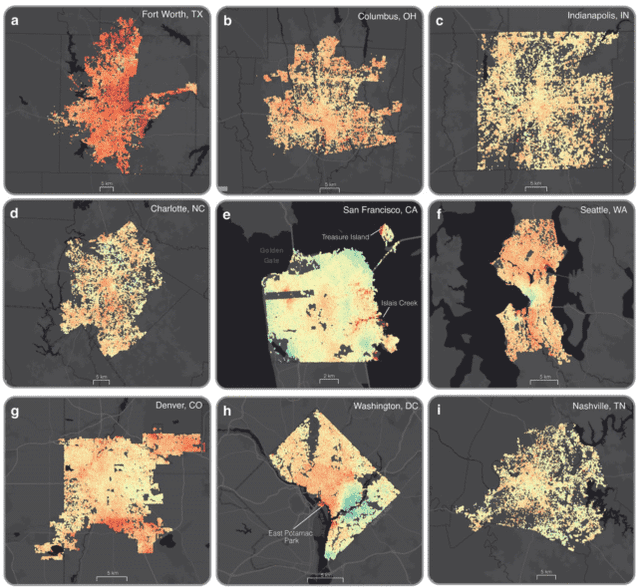Movimiento vertical espacial del terreno en las principales ciudades de EE. UU., que muestra hundimientos de severos, moderados y bajos. Foto: Nature Cities Movimiento vertical espacial del terreno en las principales ciudades de EE. UU., que muestra hundimientos de severos, moderados y bajos. Foto: Nature Cities