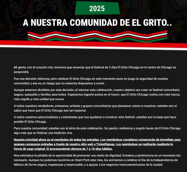 Mediante un comunicado, los organizadores del evento anunciaron su cancelación y asegurando la devolución del dinero de la compra de sus entradas. Foto: El Grito Chicago Mediante un comunicado, los organizadores del evento anunciaron su cancelación y asegurando la devolución del dinero de la compra de sus entradas. Foto: El Grito Chicago