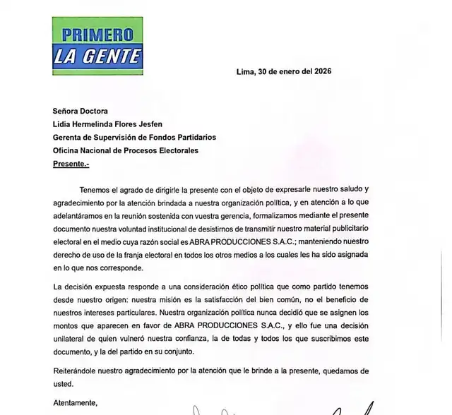  Primero la Gente solicitó a la ONPE que anule la franja electoral destinada a Nativa. 