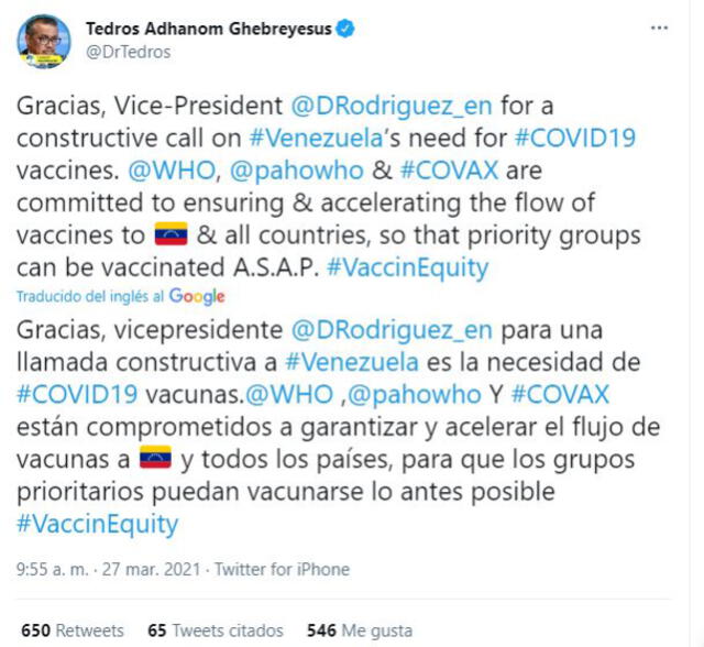 Tuir del director general de la OMS sobre el encuentro con autoridades venezolanas. Foto: captura Twitter