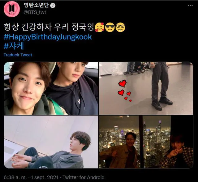 Primer post de J-Hope por el cumpleaños de Jungkook. Foto: Twitter