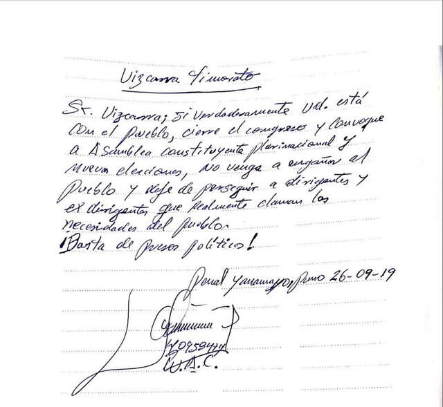 Carta escrita por Aduviri en penal de Yaramayo.