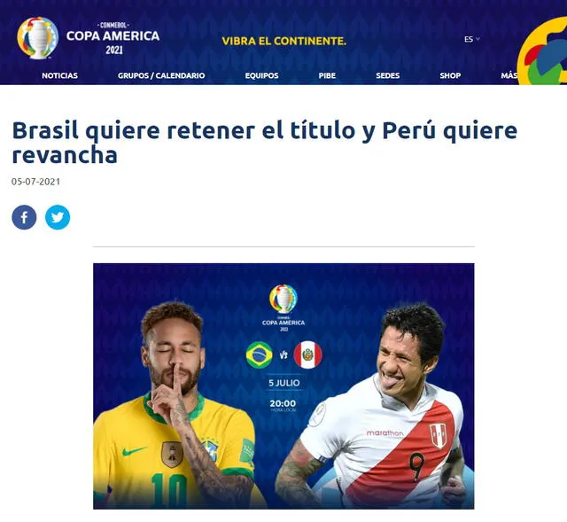 Brasil, vigente campeón de la Copa América, se enfrentará a Perú, actual subcampeón del certamen, en semifinales.