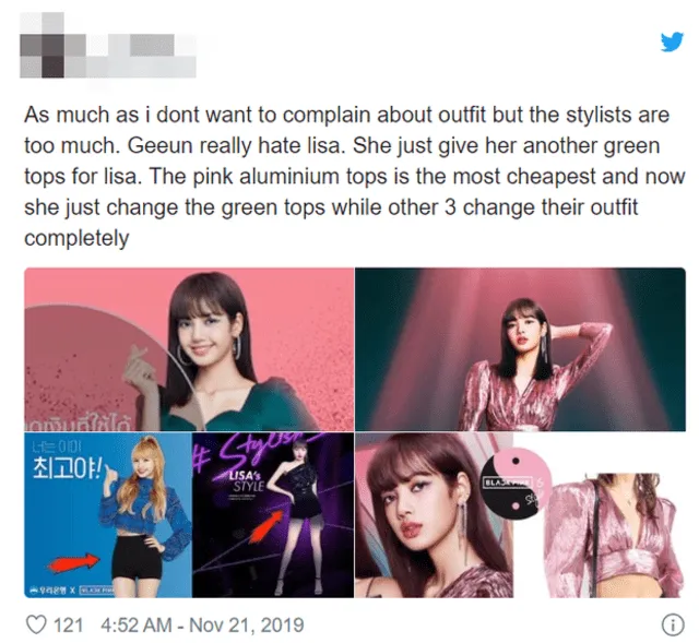 "No quería quejarme por la ropa, pero la estilista era demasiado. Realmente odia a Lisa [...] Mientras las otras tres obtuvieron ropa nueva", escribió un usuario.