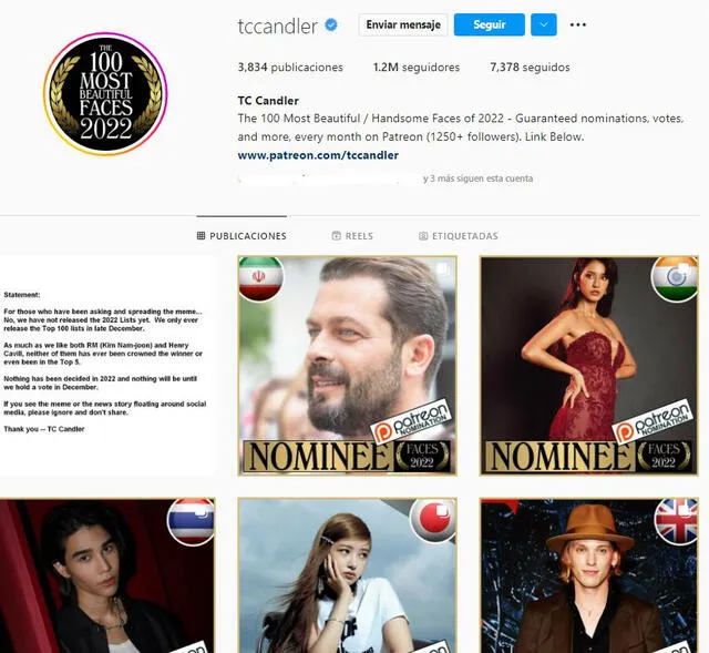 En su perfil de Instagram, TC Candler todavía sigue publicando nominados a su certamen. Foto: captura TC Candler/Instagram