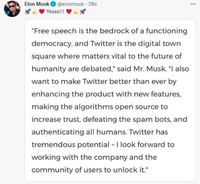 Primer tweet de Elon Musk tras anunciarse la compra de la red social. Foto: captura de Twitter / Elon Musk