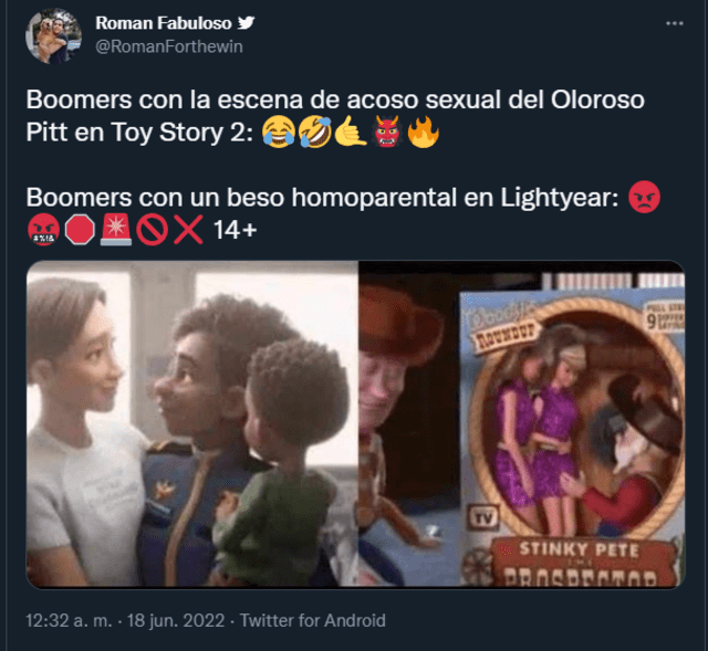 Usuario de Twitter defiende escena lésbica de "Lightyear". Foto: captura de Twitter