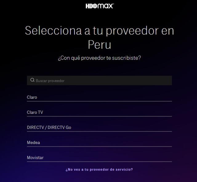 Proveedores de HBO en Perú. Captura de pantalla: hbomax.com