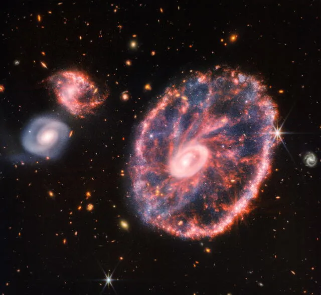 James Webb también capturó una imagen de la galaxia Rueda del Carro, el resultado de una antigua colisión galáctica. Foto: NASA / ESA / CSA / STScI