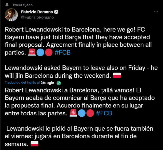 Fabrizio Romano señala que el acuerdo por Lewandowski está cerrado. Foto: Fabrizio Romano/Twitter.