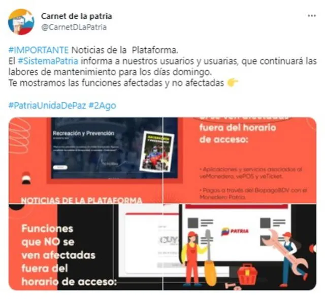  Plataforma Patria continúa con mantenimientos los domingos. Foto: Twitter/ @CarnetDLaPatria   