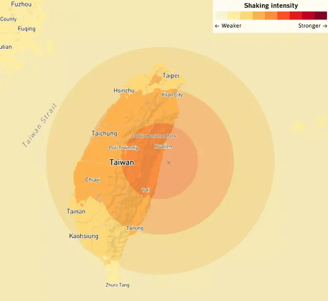  Epicentro del sismo en Taiwán. Foto: Los Angeles Time<br>    