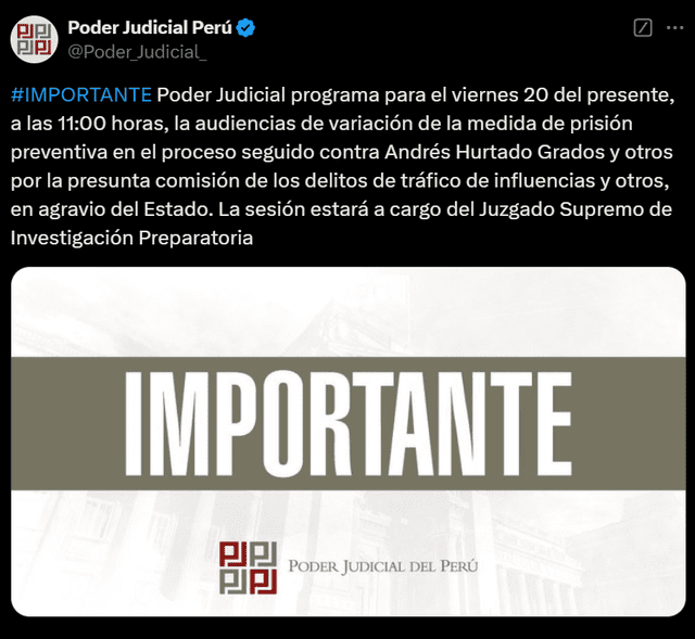  Poder Judicial evaluará este viernes 20 de diciembre pedido de variación de prisión preventiva. | Foto: Poder Judicial / X.   