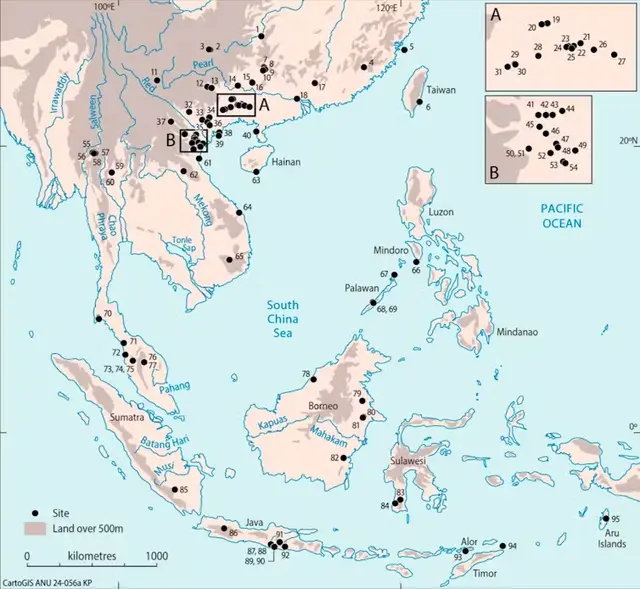  Ubicaciones de los entierros de cazadores-recolectores en postura agachada o en cuclillas en el sur de China y el sudeste asiático.   