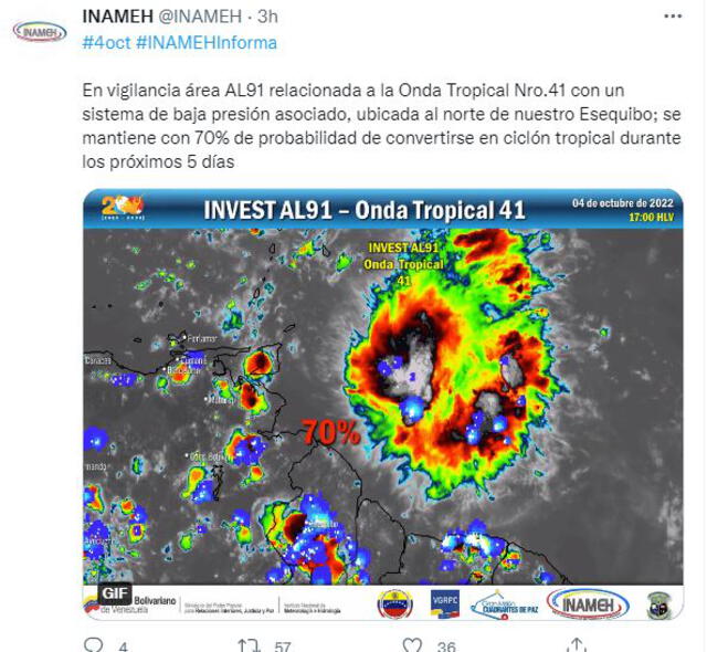 Pronóstico del Inameh en Venezuela hoy, martes 4 de octubre de 2022. Foto: captura Inameh/Twitter