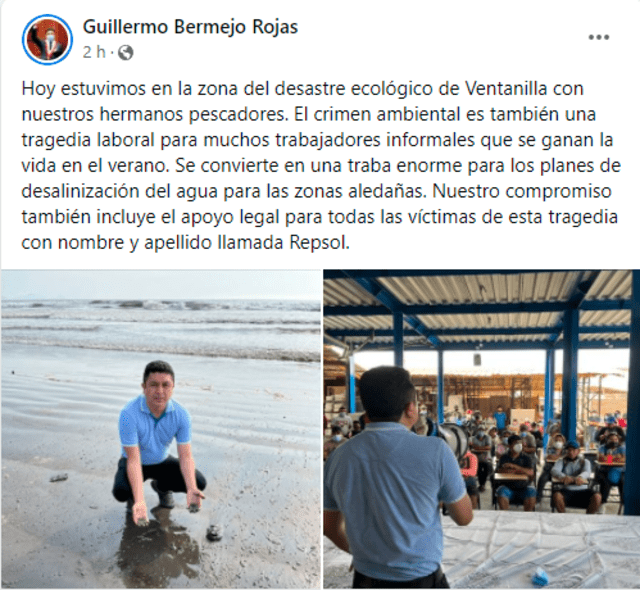 Guillermo Bermejo visitó zona del derrame de petróleo. Foto: captura de Facebook