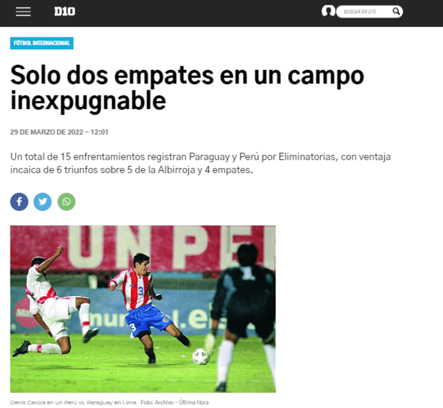Nota deportiva del Perú vs. Paraguay en el diario Última Hora. Foto: Captura diario Última hora