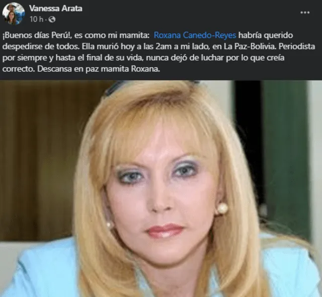  Vanessa Arata dio a conocer el fallecimiento de Roxana Canedo. Foto: Vanessa Arata/Facebook   