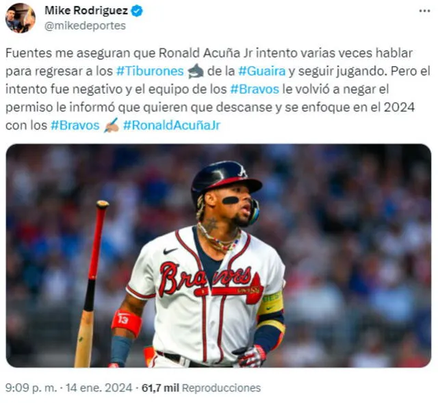 Reporte de Mike Rodríguez sobre Ronald Acuña Jr. Foto: mikedeportes / Twitter   