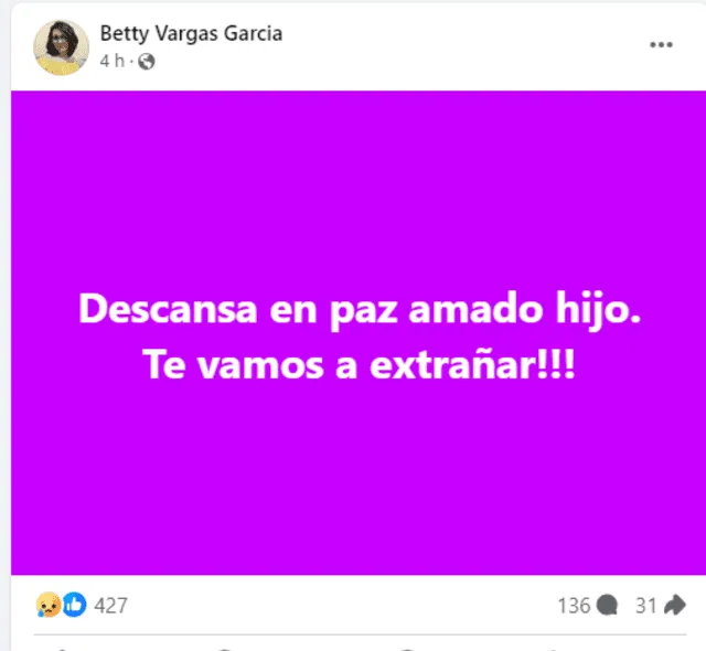  Madre del popular 'Ingeniero bailarín' publicó un emotivo mensaje. Foto: Facebook /Betty Vargas García    