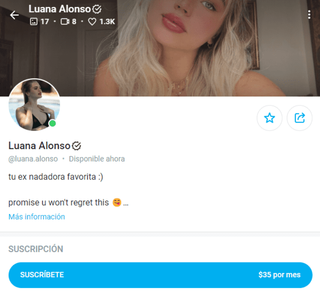  Para suscribirte al Onlyfans de Luana Alonso deberás pagar un monto mensual de 35 dólares. Foto: captura    